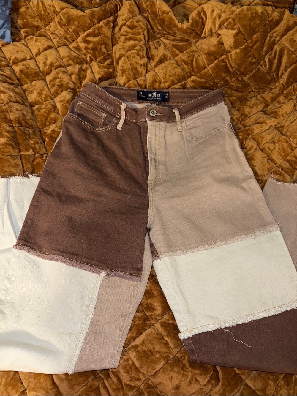 Hollister Two-Tone Patchwork Cropped Pants — Brown & Cream